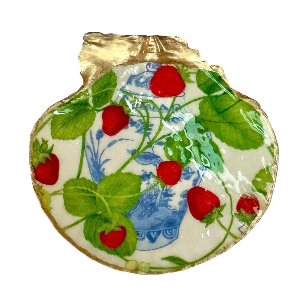 Chinoiserie Shell Trinket Dish | Blue White Botanical Decor | Ring Holder - Picture 3 of 5